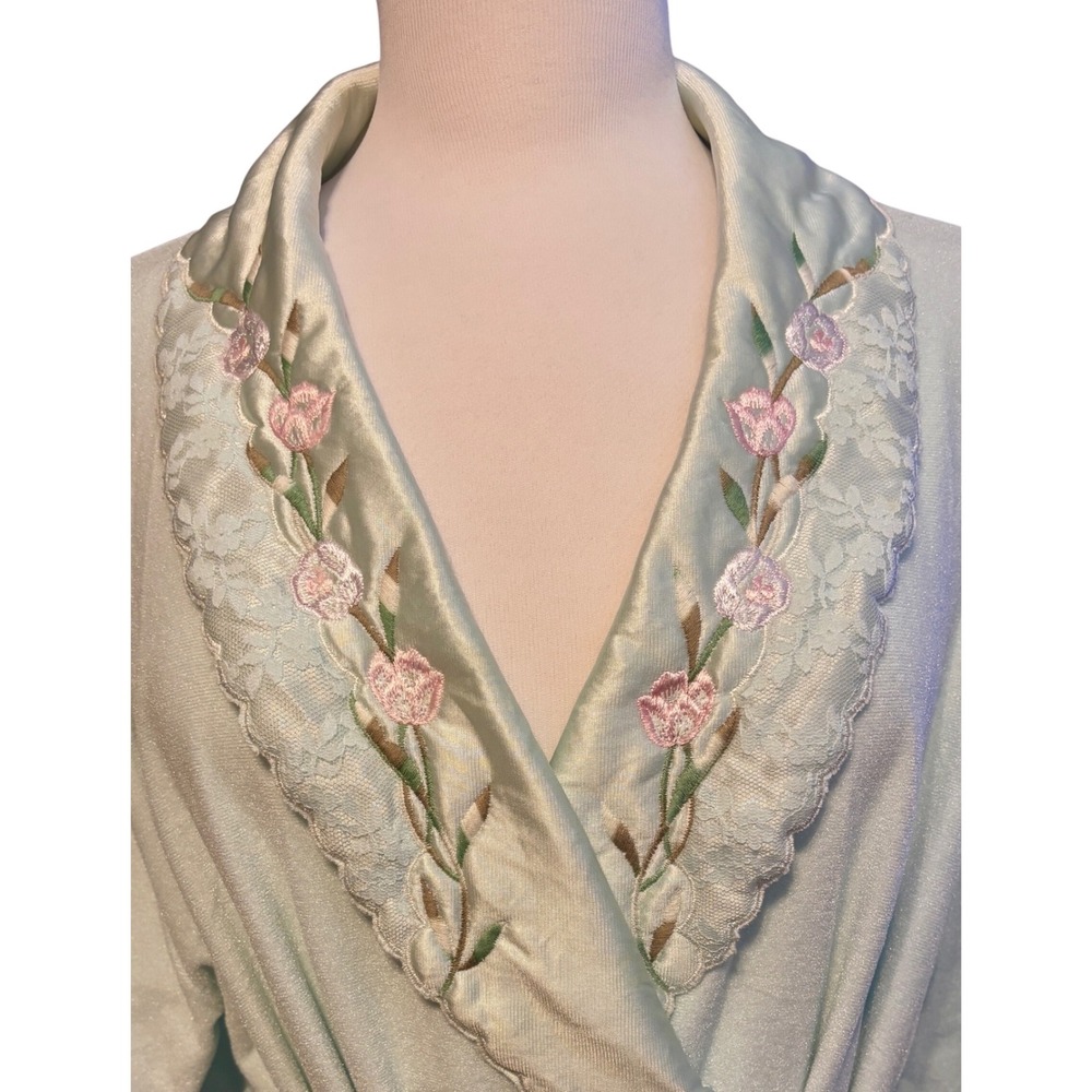 Vanity Fair Long Robe Womens Large Mint‎ Green Excellent Floral Lace Embroidered